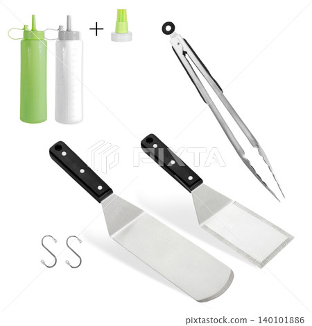 Barbecue and grill spatula bottle hook tongs tools set on White Background Barbecue and grill spatula bottle hook tongs tools set on White Background 140101886