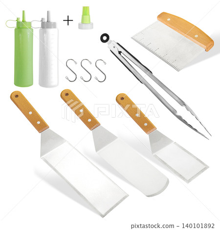 Barbecue and grill spatula bottle hook tongs tools set on White Background Barbecue and grill spatula bottle hook tongs tools set on White Background 140101892