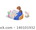 A woman writing in her diary at her desk, and a cat watching her. 140101932