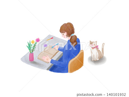 一位女士在書桌前寫日記,一隻貓看著她。 一位女士在書桌前寫日記,一隻貓看著她。 140101932