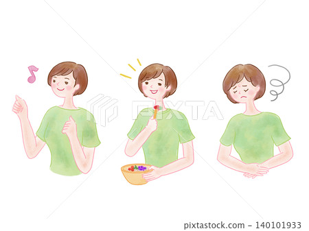 一個飢餓的女人,吃東西後,感覺精力充沛。 一個飢餓的女人,吃東西後,感覺精力充沛。 140101933