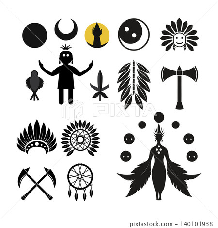 Tribal Shaman Spiritual Symbols Collection Isolated on White Background Tribal Shaman Spiritual Symbols Collection Isolated on White Background 140101938