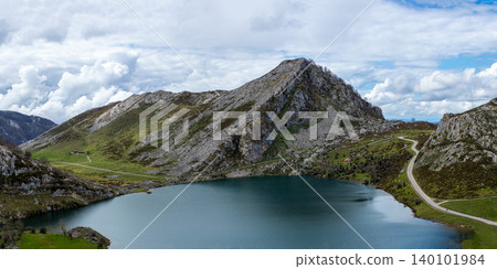The picturesque Covadonga Lakes nestled in the Picos de Europa mountains, Asturias, Spain, offer breathtaking natural beauty and tranquility 140101984