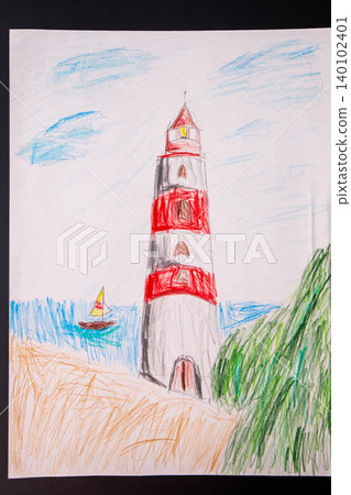 Kids drawing of a striped red and white lighthouse on a sea coast. Cute colored pencil artwork Kids drawing of a striped red and white lighthouse on a sea coast. Cute colored pencil artwork 140102401