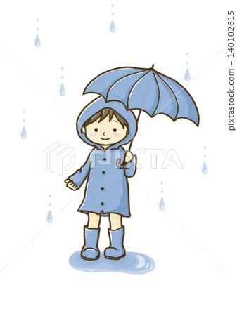 一幅兒童身穿雨衣、手持雨傘在雨中行走的插圖。 一幅兒童身穿雨衣、手持雨傘在雨中行走的插圖。 140102615