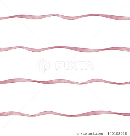 Hand-drawn watercolor illustration featuring wavy horizontal ribbon seamless pattern in a soft red or pink color. Repeat ornament on isolated background in retro coquette style. Hand-drawn watercolor illustration featuring wavy horizontal ribbon seamless pattern in a soft red or pink color. Repeat ornament on isolated background in retro coquette style. 140102918