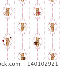 Vintage-style Teddy Bear seamless pattern with delicate pink ribbon frames. Hand drawn watercolor illustration. Cute background with animals for nursery wallpaper or childish textile design. 140102921