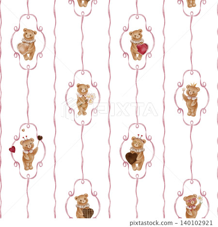 Vintage-style Teddy Bear seamless pattern with delicate pink ribbon frames. Hand drawn watercolor illustration. Cute background with animals for nursery wallpaper or childish textile design. Vintage-style Teddy Bear seamless pattern with delicate pink ribbon frames. Hand drawn watercolor illustration. Cute background with animals for nursery wallpaper or childish textile design. 140102921