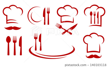 Cooking set with utensils, cook chef hat, fork, knife and spoon icons 140103118