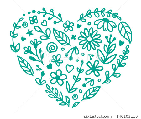 Floral linear heart, flowers pattern, wildflowers wreath decor 140103119