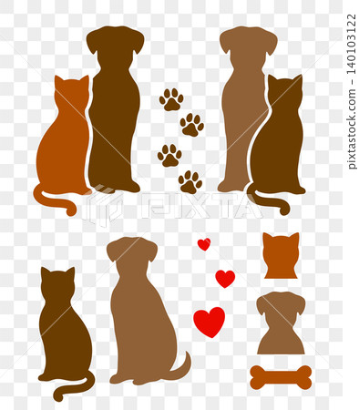 Sitting pets silhouettes, peeking dog and cat icons, paw print, bone, heart Sitting pets silhouettes, peeking dog and cat icons, paw print, bone, heart 140103122