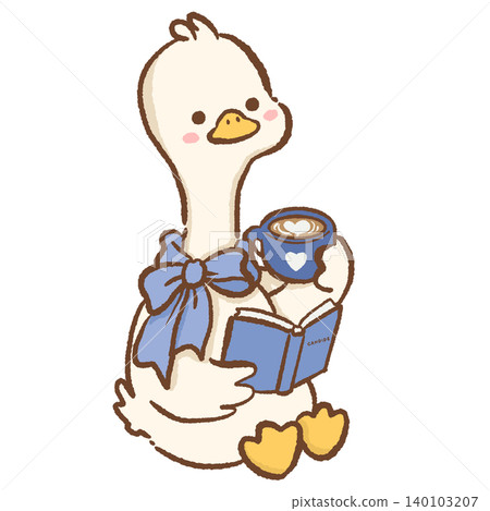 Cute Long Neck Goose Enjoying Quiet Morning Reading With Latte And Blue Ribbon Bow In Cozy Parisian Cafe Inspired Clipart Illustration Cute Long Neck Goose Enjoying Quiet Morning Reading With Latte And Blue Ribbon Bow In Cozy Parisian Cafe Inspired Clipart Illustration 140103207