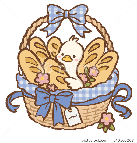 Cute Long Neck Goose Nestled Inside Rustic French Bread Basket Filled With Fresh Baguettes Blue Gingham Ribbon And Bakery Charm Clipart Illustration 140103208
