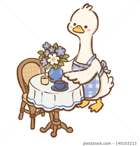 Cute Long Neck Goose Arranging Fresh Blue Hydrangeas On Cozy Paris Cafe Table With Morning Coffee And French Bistro Charm Clipart Illustration 140103213