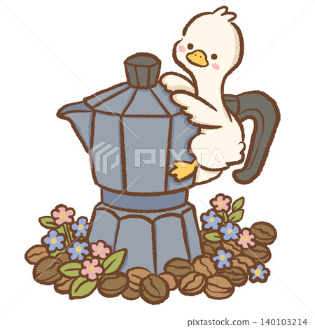 Cute Long Neck Goose Climbing Giant Italian Moka Pot Surrounded By Coffee Beans Flowers And Cafe Elements Clipart Illustration Cute Long Neck Goose Climbing Giant Italian Moka Pot Surrounded By Coffee Beans Flowers And Cafe Elements Clipart Illustration 140103214