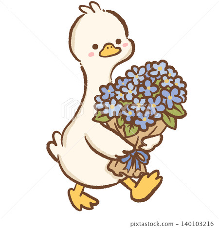 Cute Long Neck Goose Carrying Large Blue Hydrangea Bouquet Walking Through Paris Flower Market Spring Garden Clipart Illustration Cute Long Neck Goose Carrying Large Blue Hydrangea Bouquet Walking Through Paris Flower Market Spring Garden Clipart Illustration 140103216