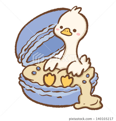 Cute Long Neck Goose Nestled Inside Giant Blue Macaron Cookie With Cream Filling Sweet French Dessert Clipart Illustration Cute Long Neck Goose Nestled Inside Giant Blue Macaron Cookie With Cream Filling Sweet French Dessert Clipart Illustration 140103217