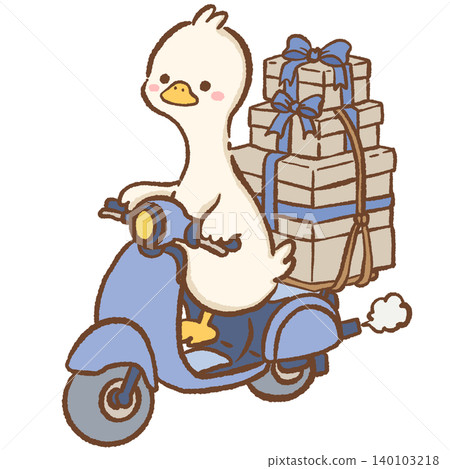 Cute Long Neck Goose Riding Vintage Delivery Scooter Carrying Stacked Gift Boxes Wrapped In Blue Ribbon Paris Clipart Illustration Cute Long Neck Goose Riding Vintage Delivery Scooter Carrying Stacked Gift Boxes Wrapped In Blue Ribbon Paris Clipart Illustration 140103218