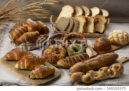 Lots of delicious-looking bread lined up Lots of delicious-looking bread lined up 140103375