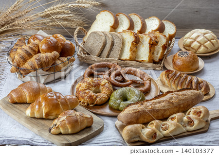 Lots of delicious-looking bread lined up Lots of delicious-looking bread lined up 140103377