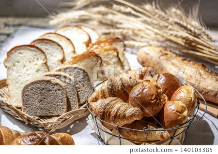 Lots of delicious-looking bread lined up 140103385