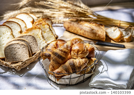 Lots of delicious-looking bread lined up 140103399
