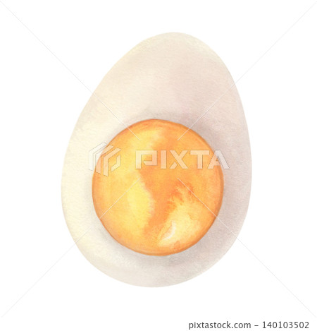 Boiled egg half with yolk and egg white. Hand-painted watercolor illustration isolated on white. Perfect for food blogs, recipe cards, nutrition guides, menus, packaging, healthy lifestyle design 140103502