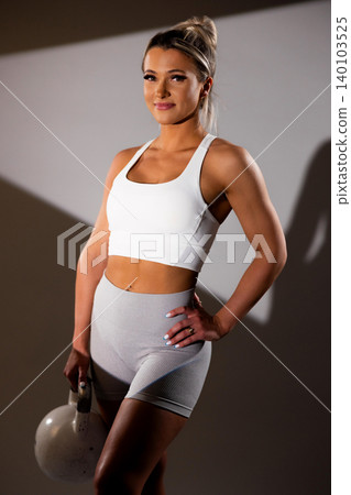 Fit woman in white sports bra and gray leggings holding kettlebell in gym setting Fit woman in white sports bra and gray leggings holding kettlebell in gym setting 140103525