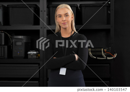 Confident Caucasian woman IT technician stands with arms crossed in a modern data center server room Confident Caucasian woman IT technician stands with arms crossed in a modern data center server room 140103547