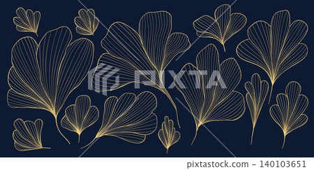 Elegant gold line floral pattern, leaves, botanical elements dark background. Luxury vector illustration, Art Deco, Nouveau, Japanese ornament, vintage aesthetic, wallpapers, wedding card Elegant gold line floral pattern, leaves, botanical elements dark background. Luxury vector illustration, Art Deco, Nouveau, Japanese ornament, vintage aesthetic, wallpapers, wedding card 140103651