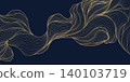 Luxury gold floral line pattern, elegant flowers and leaves, dark background. Vector illustration, Japanese and Chinese ornament with Art Deco style, organic wave shape 140103719