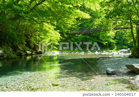 栃木縣那須鹽原市木股公園內的木股川和巨石吊橋 栃木縣那須鹽原市木股公園內的木股川和巨石吊橋 140104017
