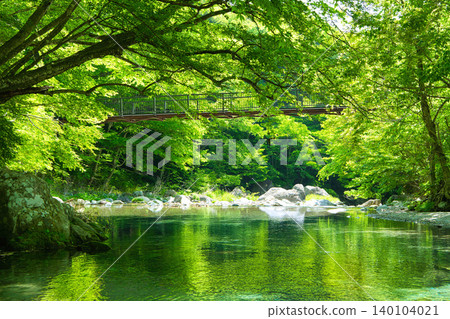栃木縣那須鹽原市木股公園內的木股川和巨石吊橋 栃木縣那須鹽原市木股公園內的木股川和巨石吊橋 140104021