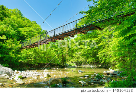 Kinomata River and Giant Rock Suspension Bridge in Kinomata Park, Nasushiobara City, Tochigi Prefecture Kinomata River and Giant Rock Suspension Bridge in Kinomata Park, Nasushiobara City, Tochigi Prefecture 140104158