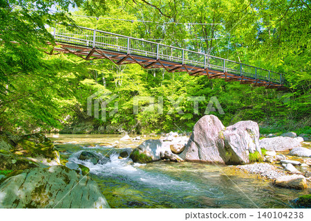 栃木縣那須鹽原市木股公園內的木股川和巨石吊橋 栃木縣那須鹽原市木股公園內的木股川和巨石吊橋 140104238