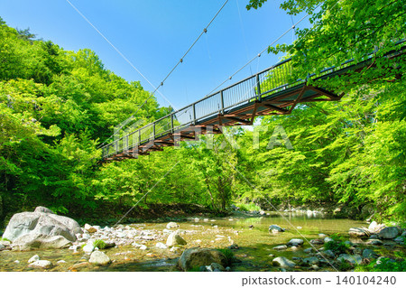 栃木縣那須鹽原市木股公園內的木股川和巨石吊橋 栃木縣那須鹽原市木股公園內的木股川和巨石吊橋 140104240
