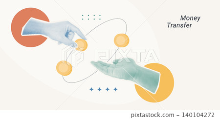 Trendy Halftone Collage of two hands exchanging gold coins, symbolizing money transfer and payment. Perfect for fintech, banking, digital finance, and investment presentations. Trendy Halftone Collage of two hands exchanging gold coins, symbolizing money transfer and payment. Perfect for fintech, banking, digital finance, and investment presentations. 140104272