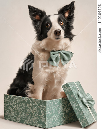 Border Collie in mint bow tie sits in a decorative gift box. Festive bow and patterned box enhance celebration. Border Collie in mint bow tie sits in a decorative gift box. Festive bow and patterned box enhance celebration. 140104308