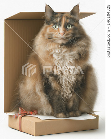 Calico cat sits on a cardboard box with a red ribbon in front of a plain white background. The scene is a studio pet portrait with a calm mood. 140104329