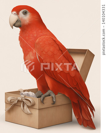 Scarlet macaw perches on a gift box with a ribbon. Bright red feathers contrast with a cream background. Scarlet macaw perches on a gift box with a ribbon. Bright red feathers contrast with a cream background. 140104331