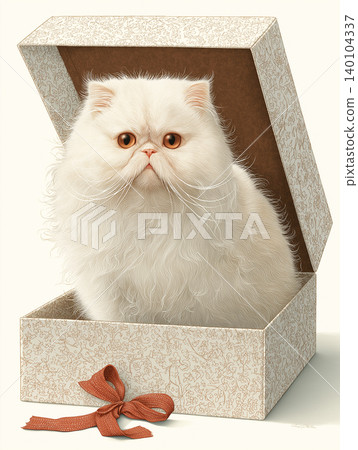 White Persian cat sits inside a decorative gift box. A red ribbon rests at the edge of the box. White Persian cat sits inside a decorative gift box. A red ribbon rests at the edge of the box. 140104337