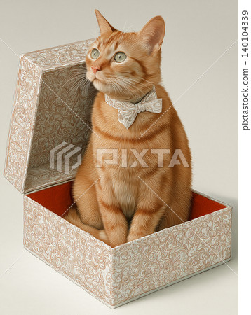 Orange tabby cat sits in a decorative box. The white bow tie adds playful elegance. Orange tabby cat sits in a decorative box. The white bow tie adds playful elegance. 140104339