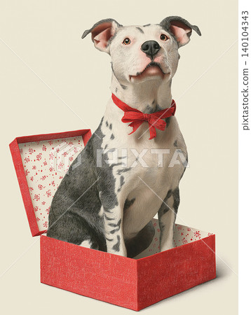 Dog sits inside red gift box. Red bow adds festive finish. Dog sits inside red gift box. Red bow adds festive finish. 140104343