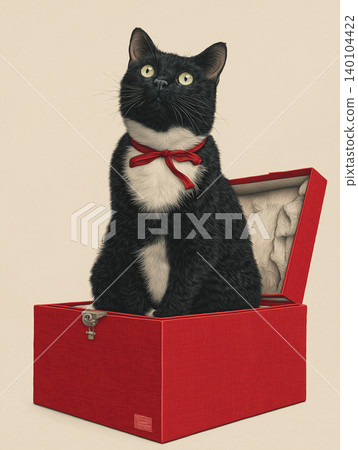Black cat with white chest wearing a red bow sits in a red gift box. The open lid and beige background create a playful portrait. 140104422