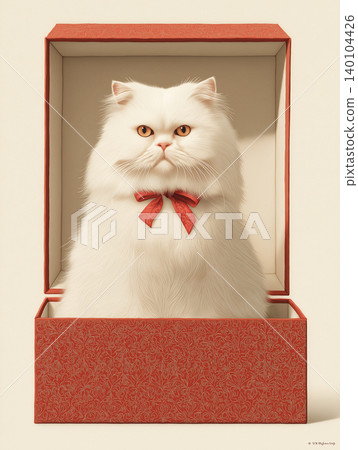White Persian cat sits in a red patterned box. A red bow adds charm. White Persian cat sits in a red patterned box. A red bow adds charm. 140104426