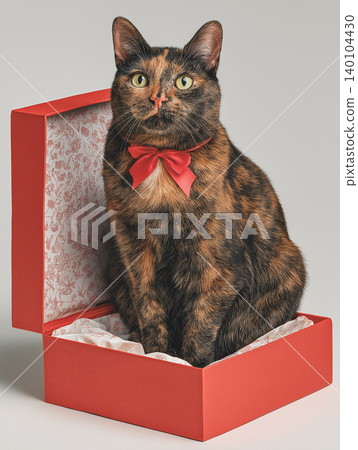 Calico cat sits in a red gift box. A red bow adds a festive touch. Calico cat sits in a red gift box. A red bow adds a festive touch. 140104430