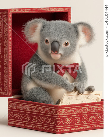 Koala plush sits in a red velvet box against white background. A red bow completes the charming gift presentation. Koala plush sits in a red velvet box against white background. A red bow completes the charming gift presentation. 140104444