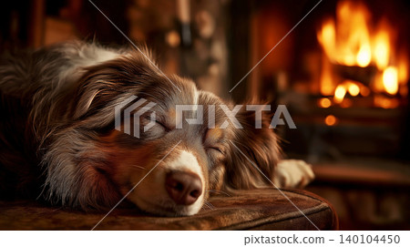Dog sleeping by a warm fireplace in a living room. Amber firelight bathes the room and adds a cozy mood. 140104450