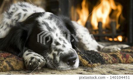 Dog sleeping by the fireplace in the living room. Firelight lights the room with a warm glow. Dog sleeping by the fireplace in the living room. Firelight lights the room with a warm glow. 140104451