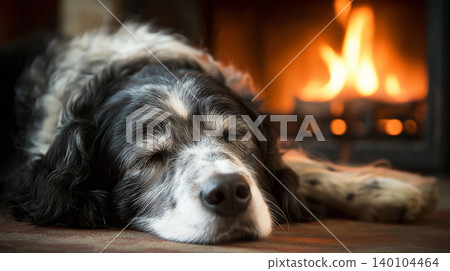 Dog sleeping by a fireplace in a cozy living room. The warm firelight adds comfort and quiet to the scene. Dog sleeping by a fireplace in a cozy living room. The warm firelight adds comfort and quiet to the scene. 140104464